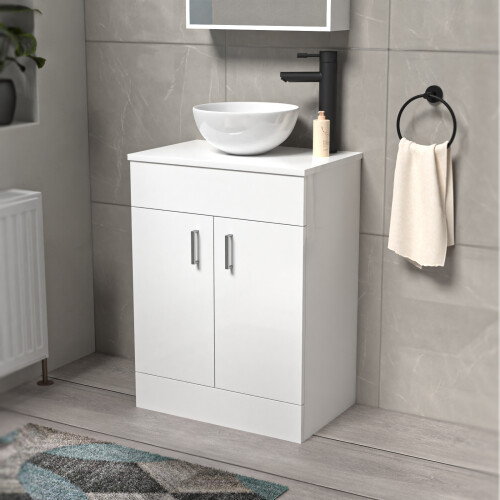 NES Home Nes Home White 600mm Bathroom Doors Vanity Unit Round Ceramic Basin