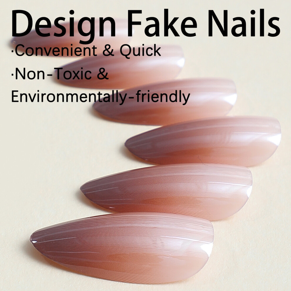 Hue-Grain 24Pcs Brown Gradient Almond Fake Nails For Women