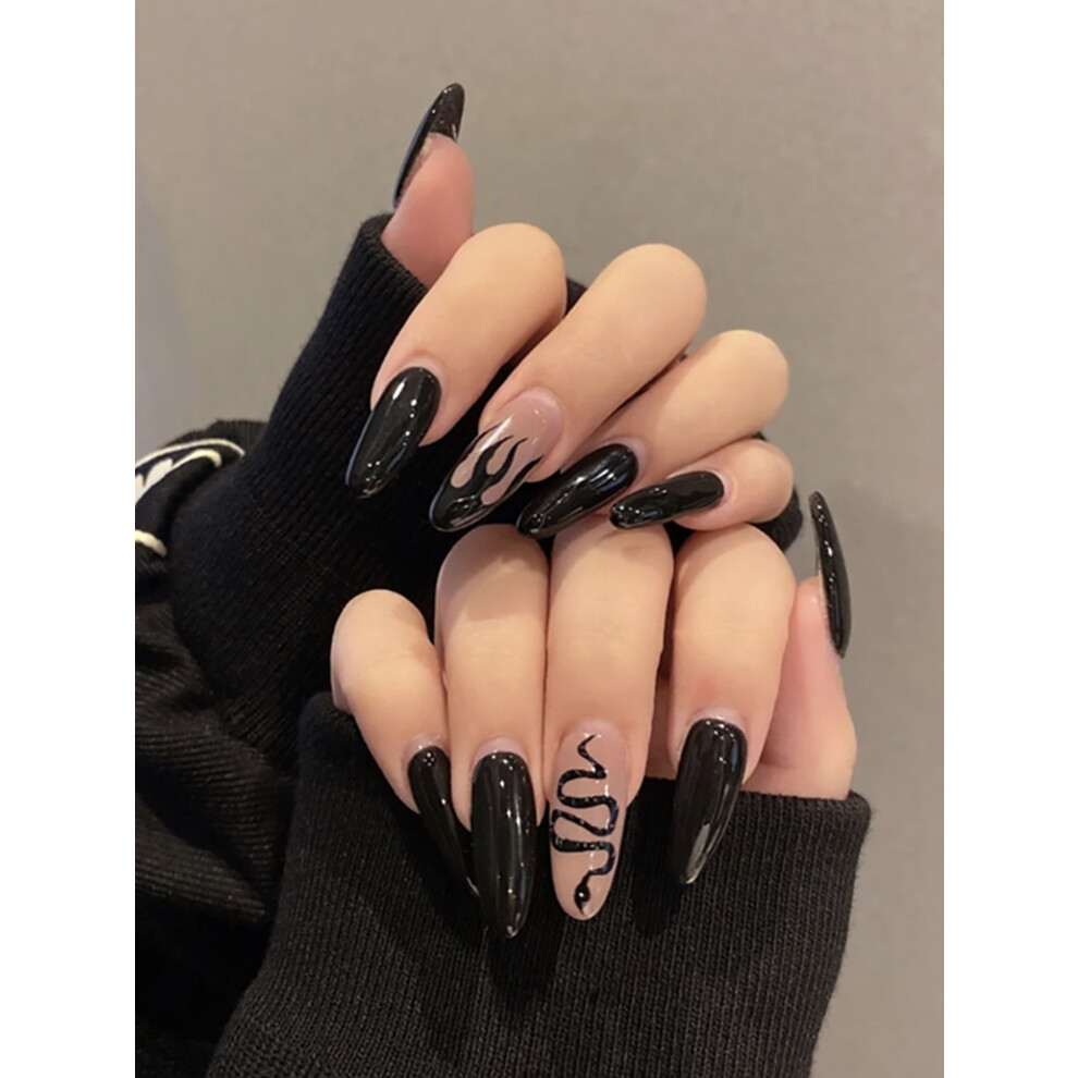 Snake & Flame Black Almond Fake Nails - 50 Char