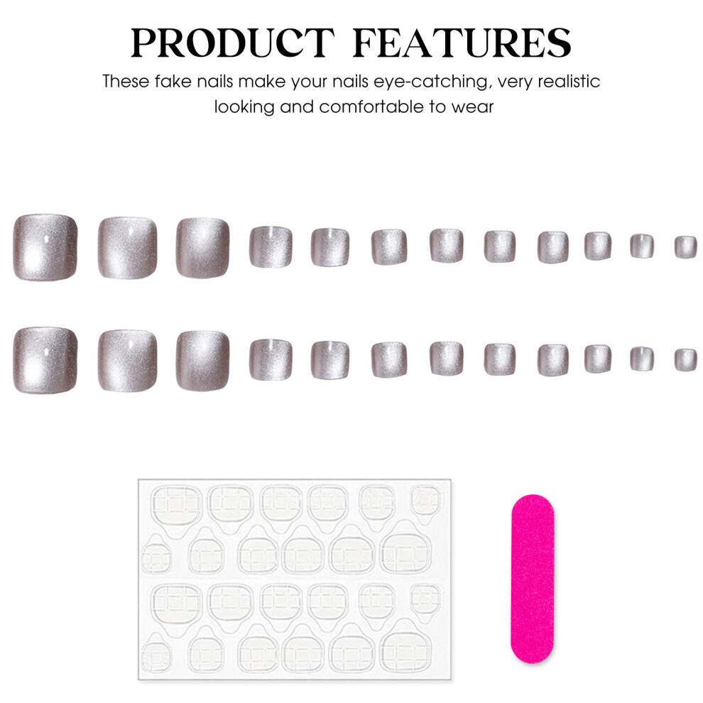 Hue-Grain Glossy Solid Cat Eye Fake Nails - Chip & Smudge Proof