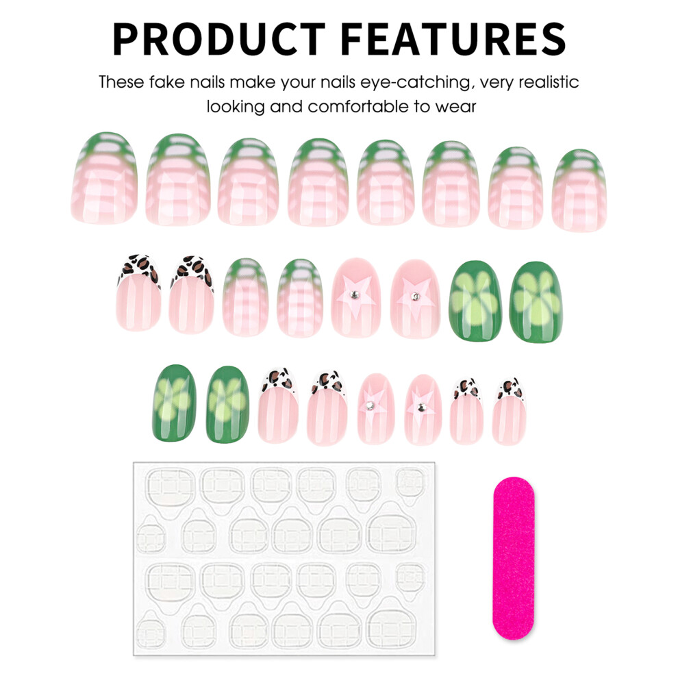 Dachuang Beauty Glossy Pink Green Fake Nails, French Tip, Reusable