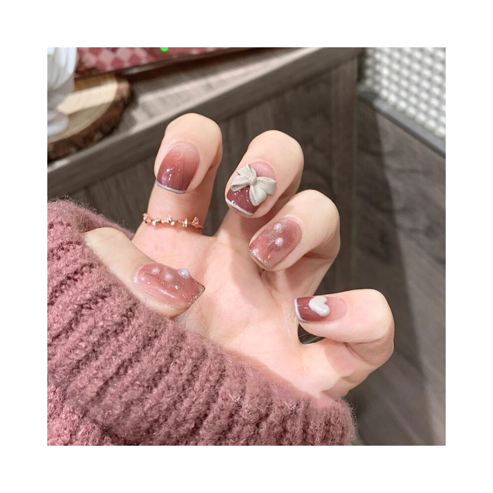 Pink 24Pcs Bow False Nails, Quick Manicure Patch