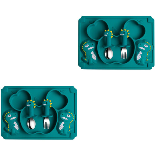 2Sets Silikon Babyteller Set Olivegrün Mit , Gabel Essschale 2
