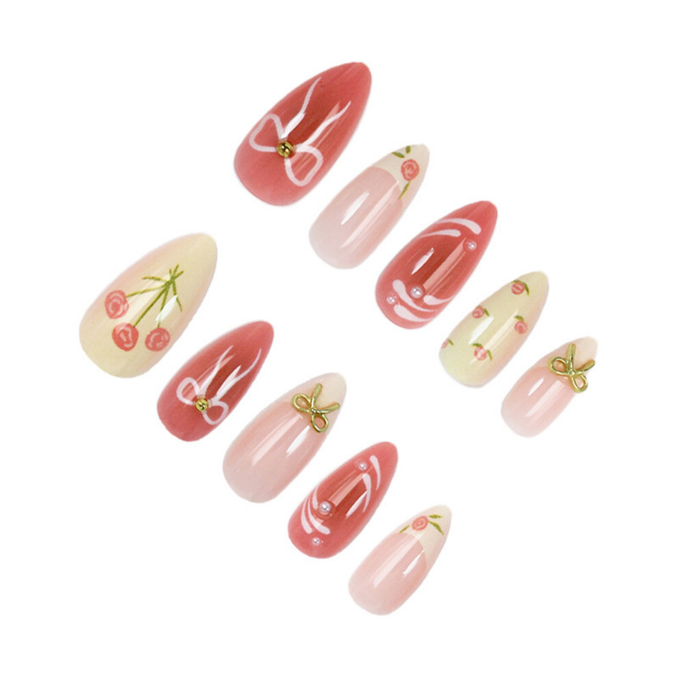 Zhouq-Outdoors 24Pcs French False Nails With Floral Bows