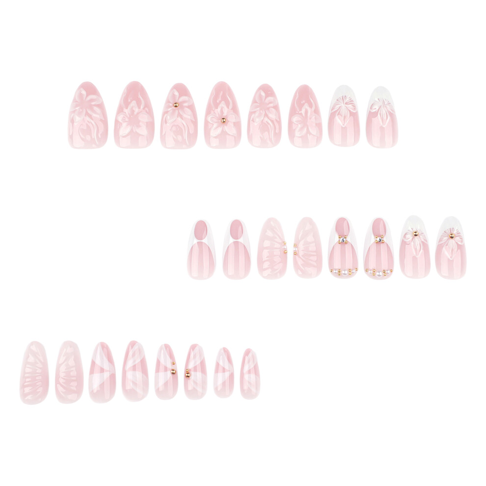 Dcph-Clothing 24Pcs Almond Stick-On Nails With 3D Flowers Diy Kit