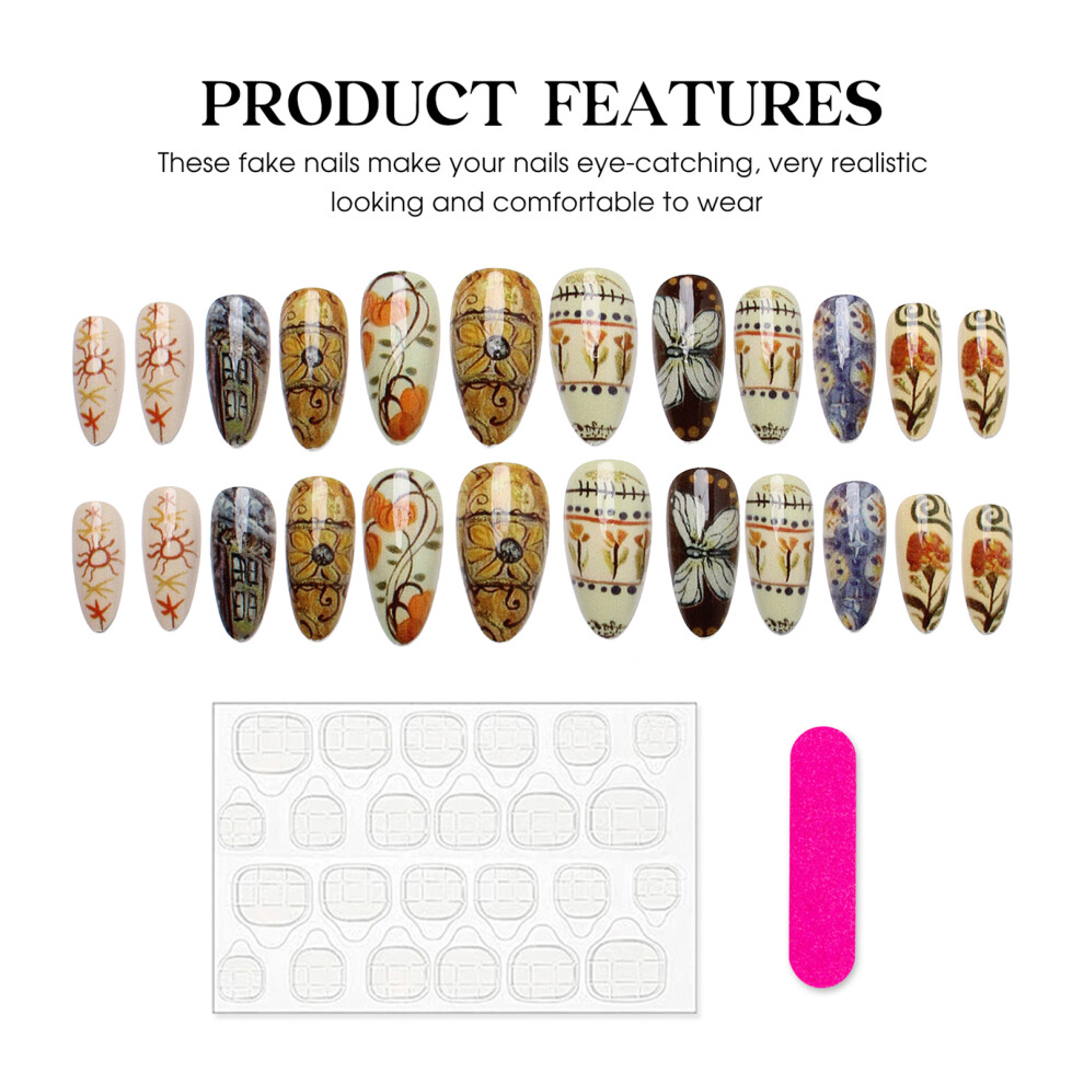 Yellow 24Pcs Floral Fake Nails, Medium Almond