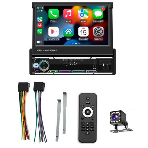 Rádio Carplay Android Auto Single Din Sem Fio, Som Automotivo Dobrável Manual de 7 Polegadas com Câmera de Ré, Mirror Link/AM/FM