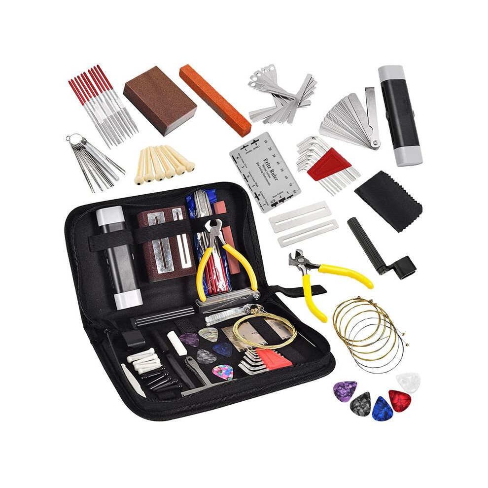 72Pcs Guitar Tool Kit Repair Maintenance Tools String Action Ruler Guitar Bridge Pins Strings Picks With Carry Bag 4713145115169