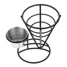 2Pcs Iron French Fries Cone Stand with Sauce Dip Cup Black