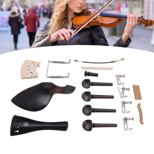 Kit di violino da 15 pezzi, taglie 3/4 e 4/4, dimensione piena, ebano e argento
