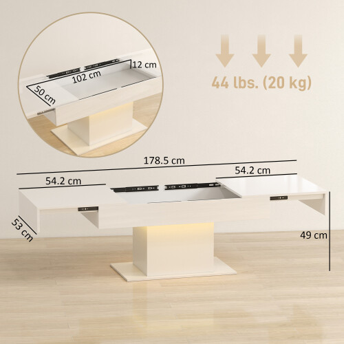 Homcom HOMCOM Extendable Coffee Table, Living Room Table with LED Lights, White 2