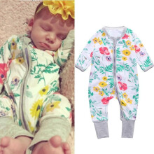 (Floral Zipper Romper,6~12M)Baby Boy Girl Long Sleeve Cotton Romper Jumpsuit Bodysuit Clothes Outfit