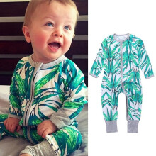 (Green Bamboo Leaf Zipper Romper,24~36M)Pagliaccetto tutina body vestiti bambino ragazzo ragazza manica lunga cotone