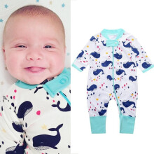 (White Blue Whale Zipper Romper,6~12M)Pagliaccetto tutina body vestiti bambino ragazzo ragazza manica lunga cotone
