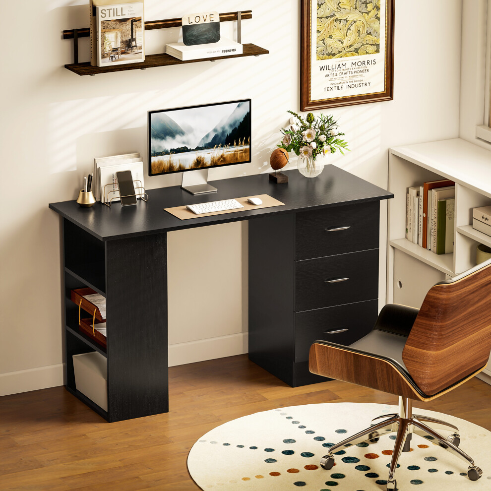Homcom 120Cm Pc Table Workstation Computer Desk With Drawers & 3 Shelf Black