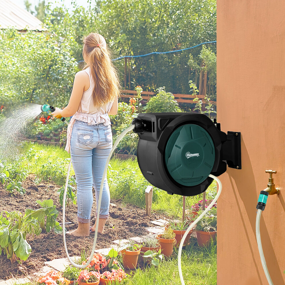 Outsunny Retractable Hose Reel Wall Mounted With Lock, Green