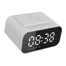 Altoparlante Bluetooth wireless con orologio, radio FM, ricarica wireless, batteria da 1800mAh, fino a 6 ore di riproduzione