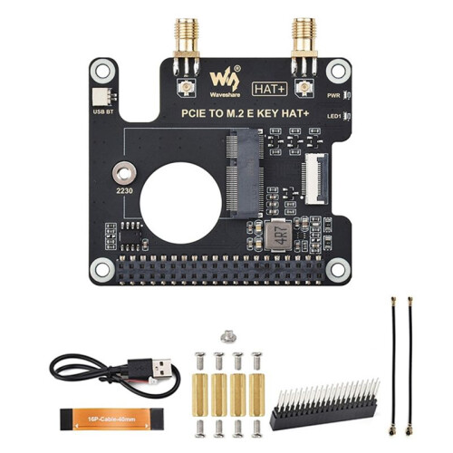 Waveshare PCIe to M.2 E KEY Adapter Board HAT+ for Raspberry Pi 5 Network Card Expansion Board Supports USB/