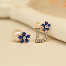 (blue) Fashion Girls Women Alloy Crystal Rhinestone Artificial Pearl Earrings Stud