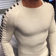 (White,S)Moda Hombres Suéter Tejido Cuello Manga Larga Calce Ajustado Invierno Top Pullover