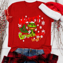 (Red, L) Women Grinch Christmas Short Sleeve Tshirt Tops Xmas Pllover Tunic Clasual