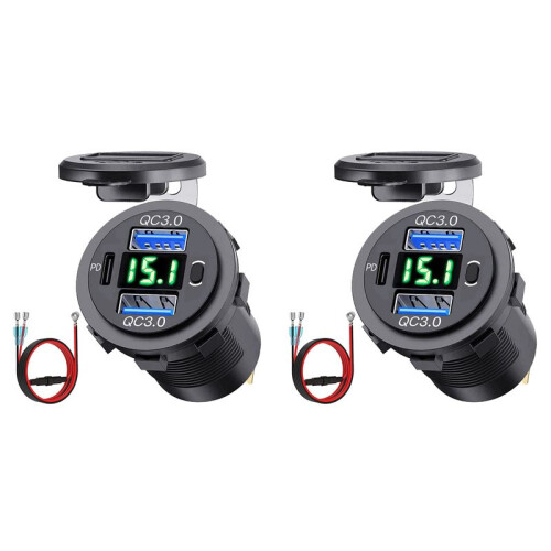 2X 12V USB Outlet Dual Quick Charge with Voltmeter and Power , Multifunction USB Charger Adapter