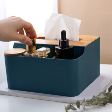 Multifunktionale Plastiktaschentuchbox mit Holzdeckel, 19,5x17x10cm, Blau