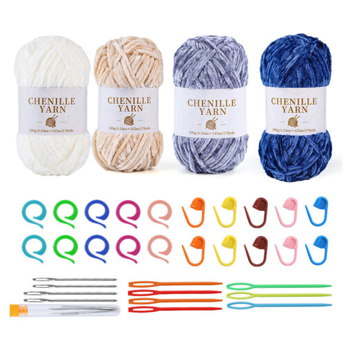 4Pcs Soft Crochet Yarn with Knitting Needle and-Chenille set 9