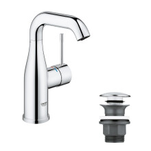GROHE Essence Smooth Body Basin Mixer Tap with Waste Push-Open Plug Set (M-Size, Metal Lever, 28mm Ceramic Cartridge, Water Saving, Swivel Spout, 3/8