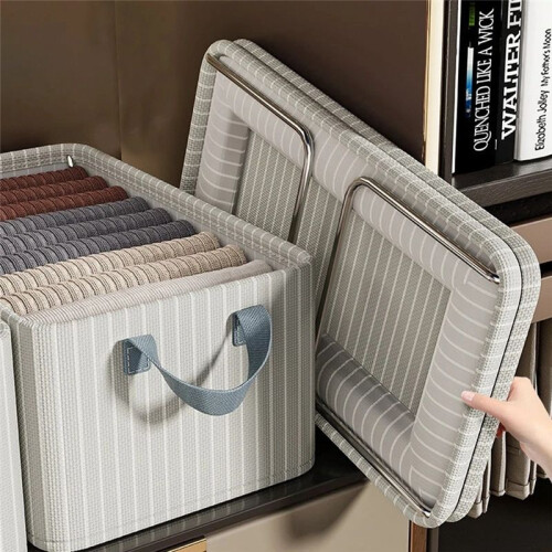 Beige Stripes Folding Metal Frame Clothes Storage Box Large Capacity Pants Storage Box 1