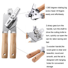 Metal Can Opener Manual with Wooden Handle, Hand Can Opener with Blade Smooth , Handheld Can Openers
