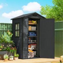 Outsunny 4 x 3 ft Plastic Small Garden Shed with Lockable Door, Dark Grey