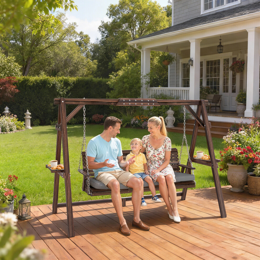 Outsunny 3 Seater Wooden Garden Swing Seat Chair With Side Trays And Cushion