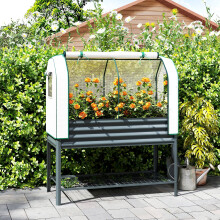 Outsunny Galvanised Raised Planter with Greenhouse Cover and Bottom Shelf