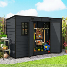 Outsunny 10 x 4 ft Plastic Garden Shed with Floor, Lockable Doors Dark Grey