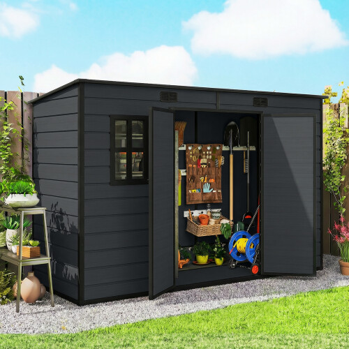 Outsunny Outsunny 10 x 4 ft Plastic Garden Shed with Floor, Lockable Doors Dark Grey