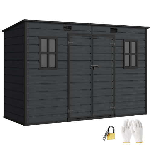Outsunny Outsunny 10 x 4 ft Plastic Garden Shed with Floor, Lockable Doors Dark Grey 1