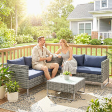 Outsunny Rattan Garden Furniture Set with Storage Table, Cushions, Dark Blue