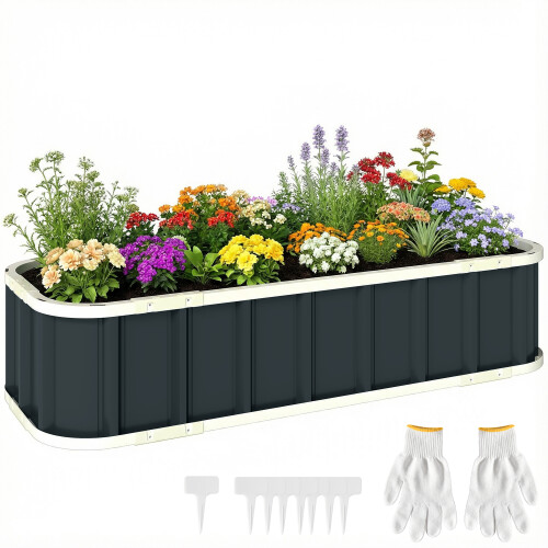 Outsunny Outsunny Galvanised Raised Garden Bed with Gloves, Dark Grey 1
