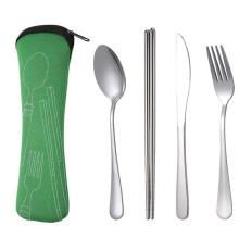 4st Set Serviser Portabel Rostfritt Stål Sked Gaffel Biff Kniv Set Resebestick Porslin med Påse Grön