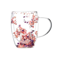Criativos Flor Real Vidro Duplo Alto Nível de Aparência Estrela Cheia Flor Seca Leite Café Copo 350ml Copo Doméstico B