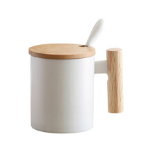 1 Stks 310 Ml Keramische Houten Handvat Koffiemok met Deksel en Koppels Beker Kantoor Keuken Geschenkbeker