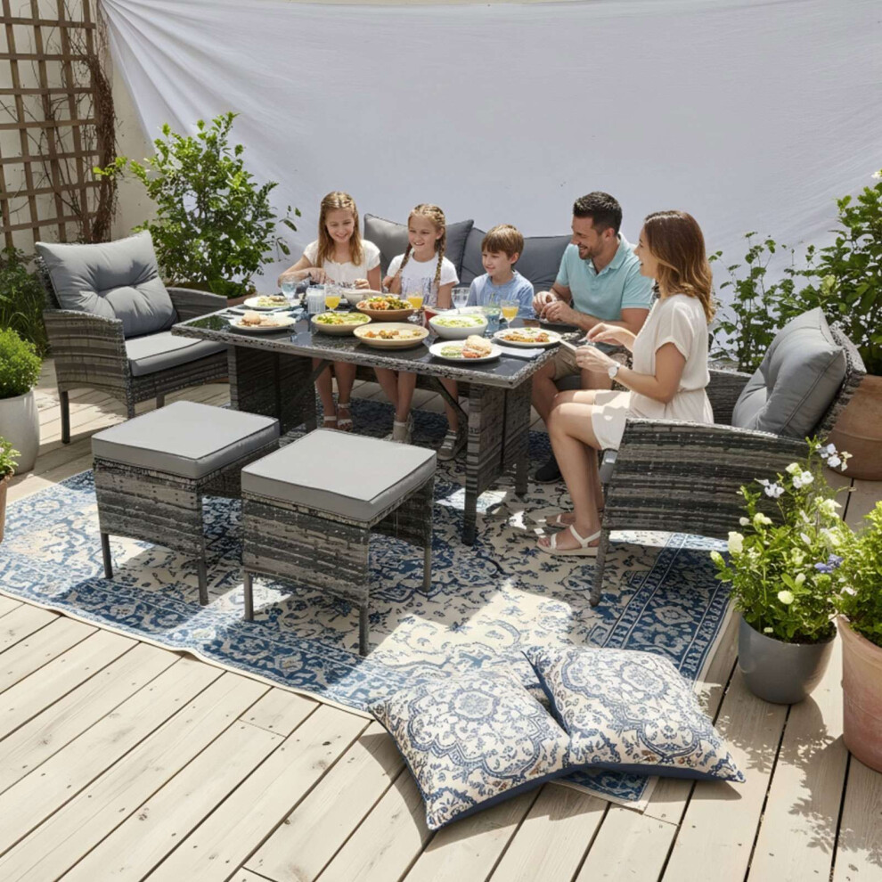 New Birchtree 7-Seater Rattan Furniture Set With Glass Top Table Armchairs And Stools Grey B520-038