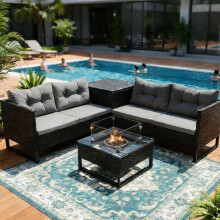 BIRCHTREE Rattan Furniture Set 4-Seater with Fire Pit Table & Side Storage Box Black