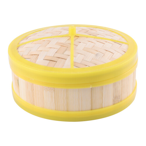 3Sets Yellow Bamboo Steamer with Lid for Kitchen Bun & Rice