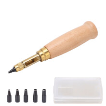 Screw Punch Tool For Leather And Paper Crafters Multi Material Hole Maker With Wooden Grip Brass Structure Steel Tips, Easy To Replace Punch Heads