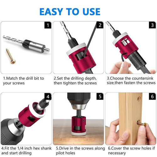 Countersink Drill Bit Set with Adjustable Depth Stop, 1/4" Hex Shank Quick Change Drilling Tool Kit,for Wood,Plywood 2