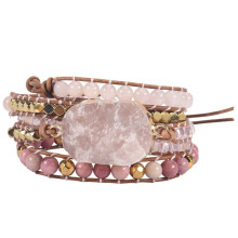 Pedra Natural Pulseira Rosa Quartzo Pulseiras de Couro Envoltório para As Mulheres Rose Gems Contas de Cristal Bohemia Jóias