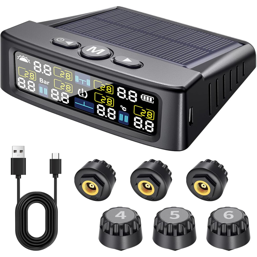 Rv Tpms With Solar Charge, 6 Sensors & 6 Alarms, M12-3, Color Lcd Display (0Â9.9 Bar/144 Psi), Compatible With Rv/Trailer/Truck 9322103631549