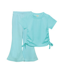 Fashion Girls Outfits Casual Clothes Round Neck Solid Color Drawstring Cute 2 Piece Short Sleeve Tops And Flared Pants Sets,Size 12 months-9 years